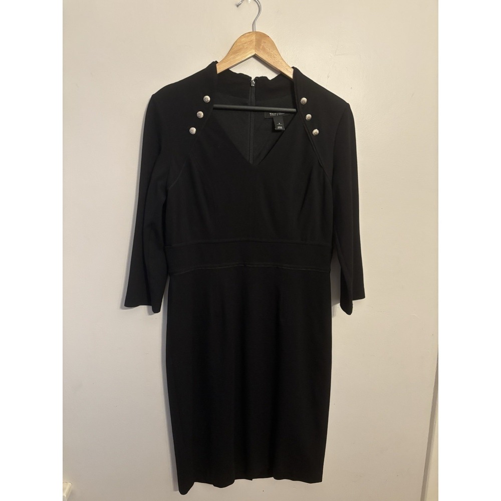 White‎ House Black Market Black High Collar Ponte Dress Sheath Buttons Size 8